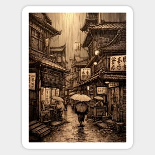 Japanese Traditional City In The Rain Woodblock Engraving Style Sticker